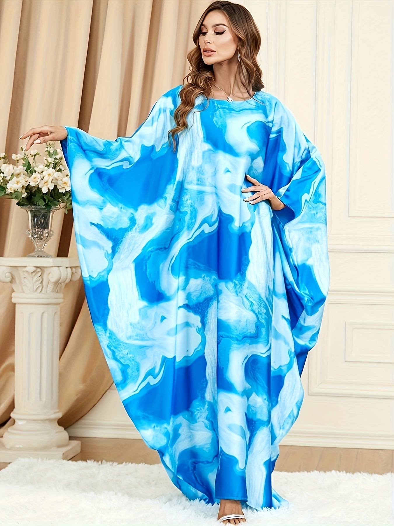  Casual Abaya Dress Women's Plus Print Bat Sleeve Maxi