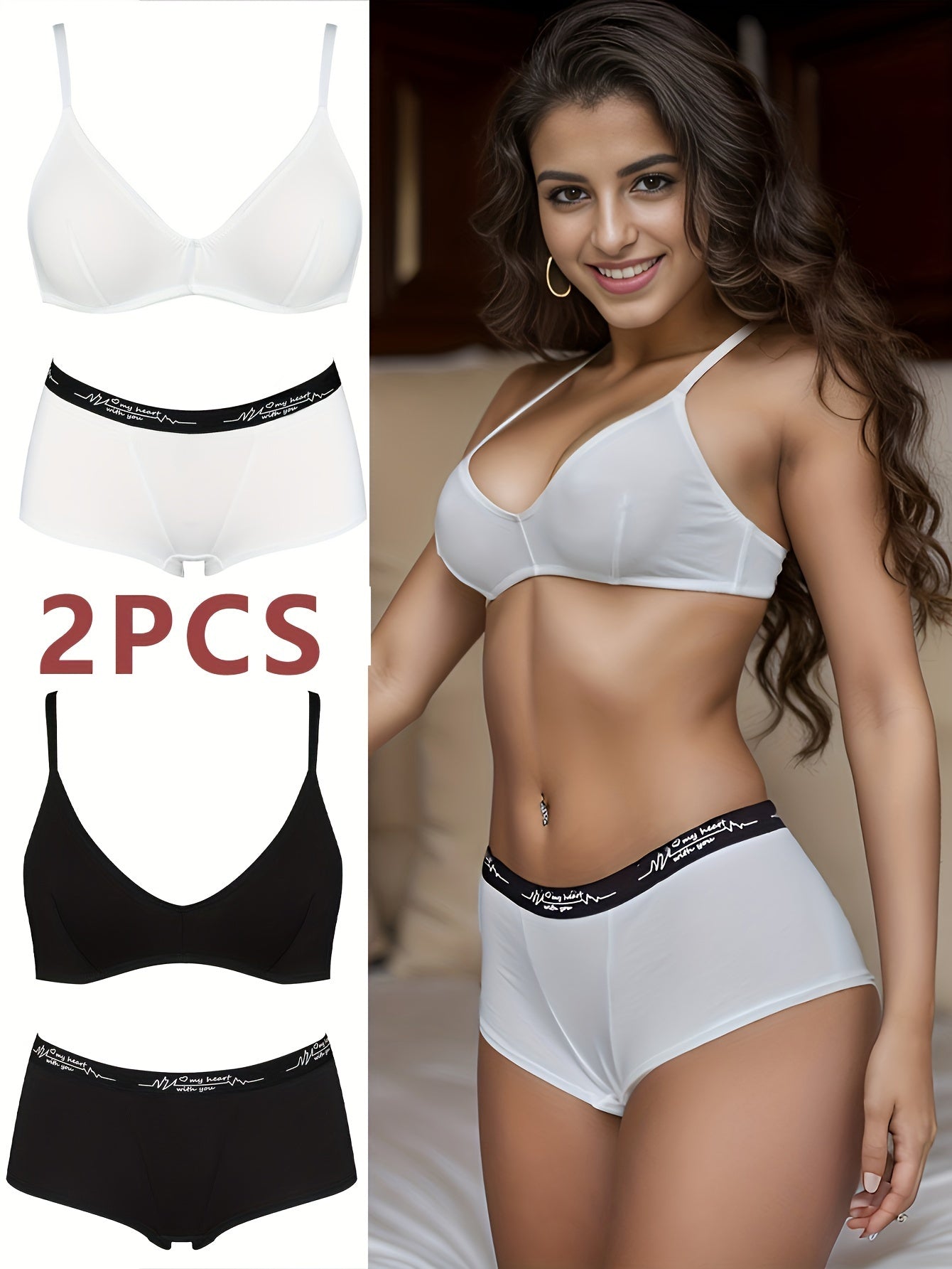 2 Sets Letter Print Bra & Panties Lingerie Set Women's Underwear