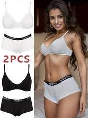 2 Sets Letter Print Bra & Panties Lingerie Set Women's Underwear