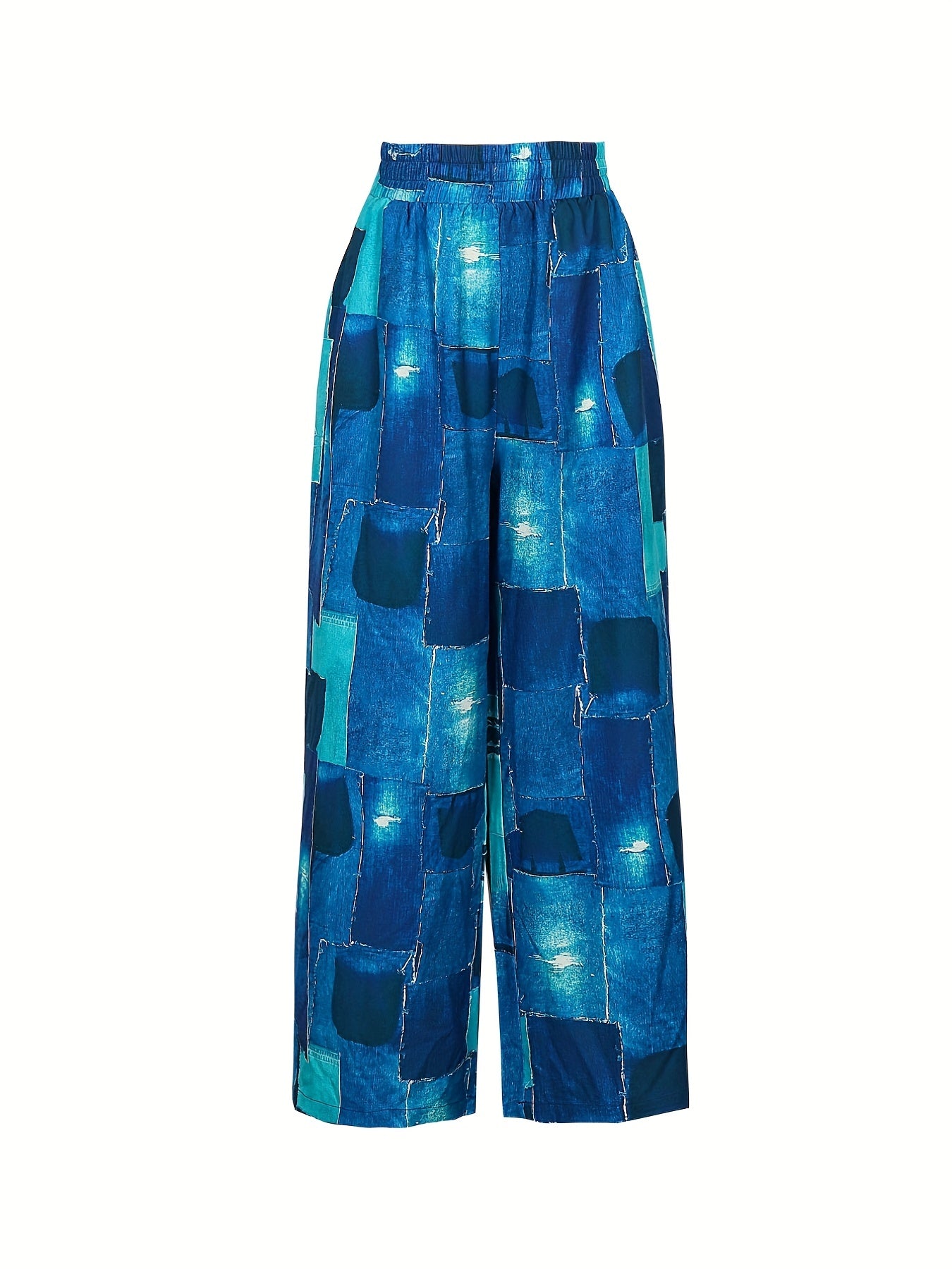Plus Denim Print Wide Leg Pants Elastic High Rise