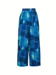 Plus Denim Print Wide Leg Pants Elastic High Rise