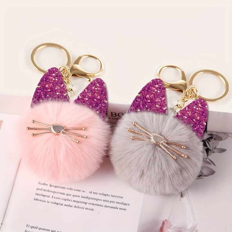 Cat Pom Pom Keychain Faux Fur Fluffy Keyring Car Purse Bag Pendant