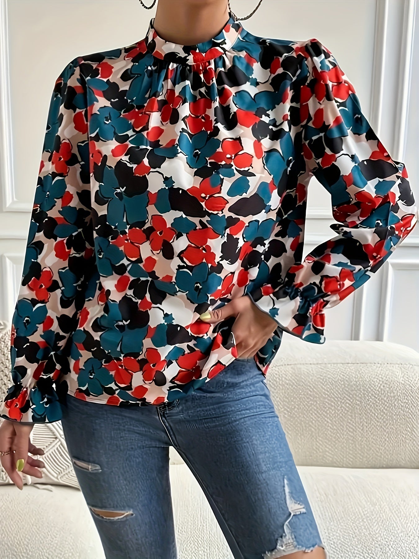  Women's Floral Print Lantern Sleeve Blouse