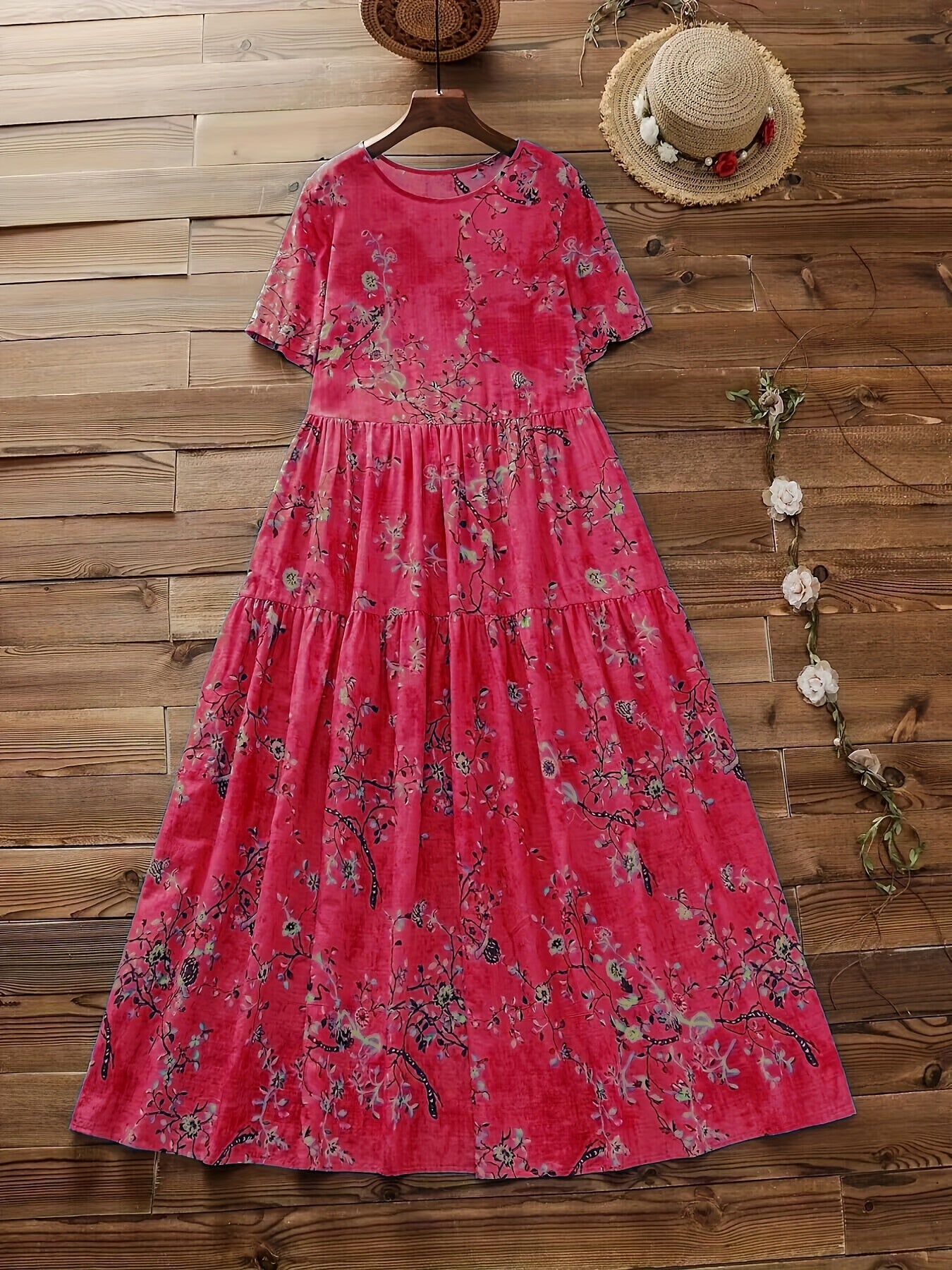  Floral Print Short Sleeve Round Neck Dress