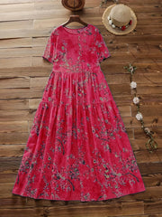  Floral Print Short Sleeve Round Neck Dress