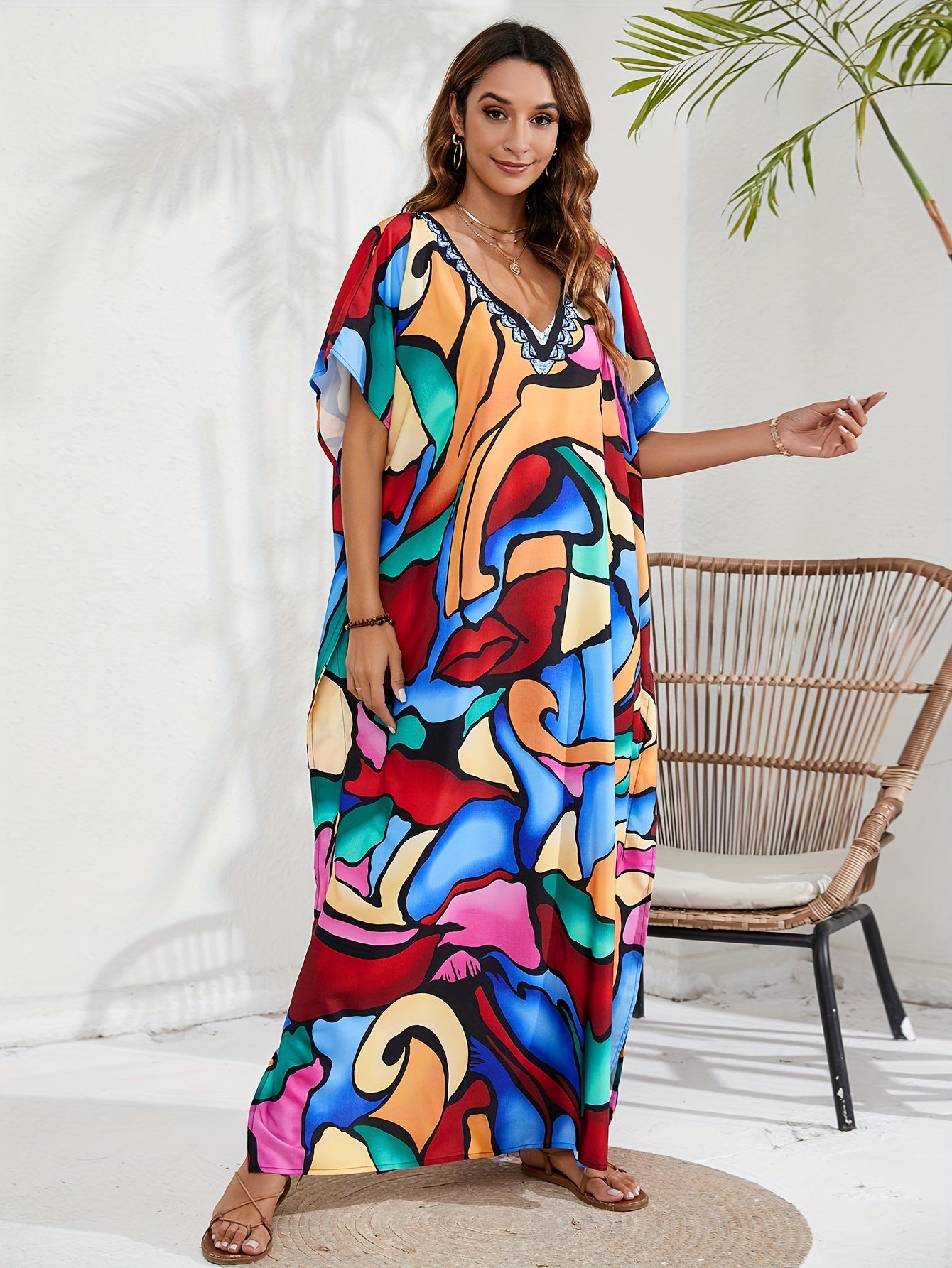  Abstract Face Print Cover Up Batwing Sleeve V Neck Beach Dress