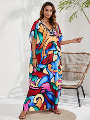  Abstract Face Print Cover Up Batwing Sleeve V Neck Beach Dress