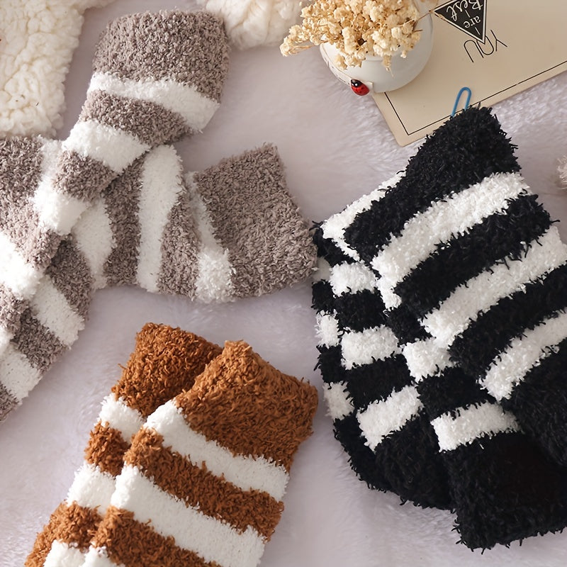 5 Pairs Striped Fuzzy Socks Comfy & Warm Mid Tube Stockings