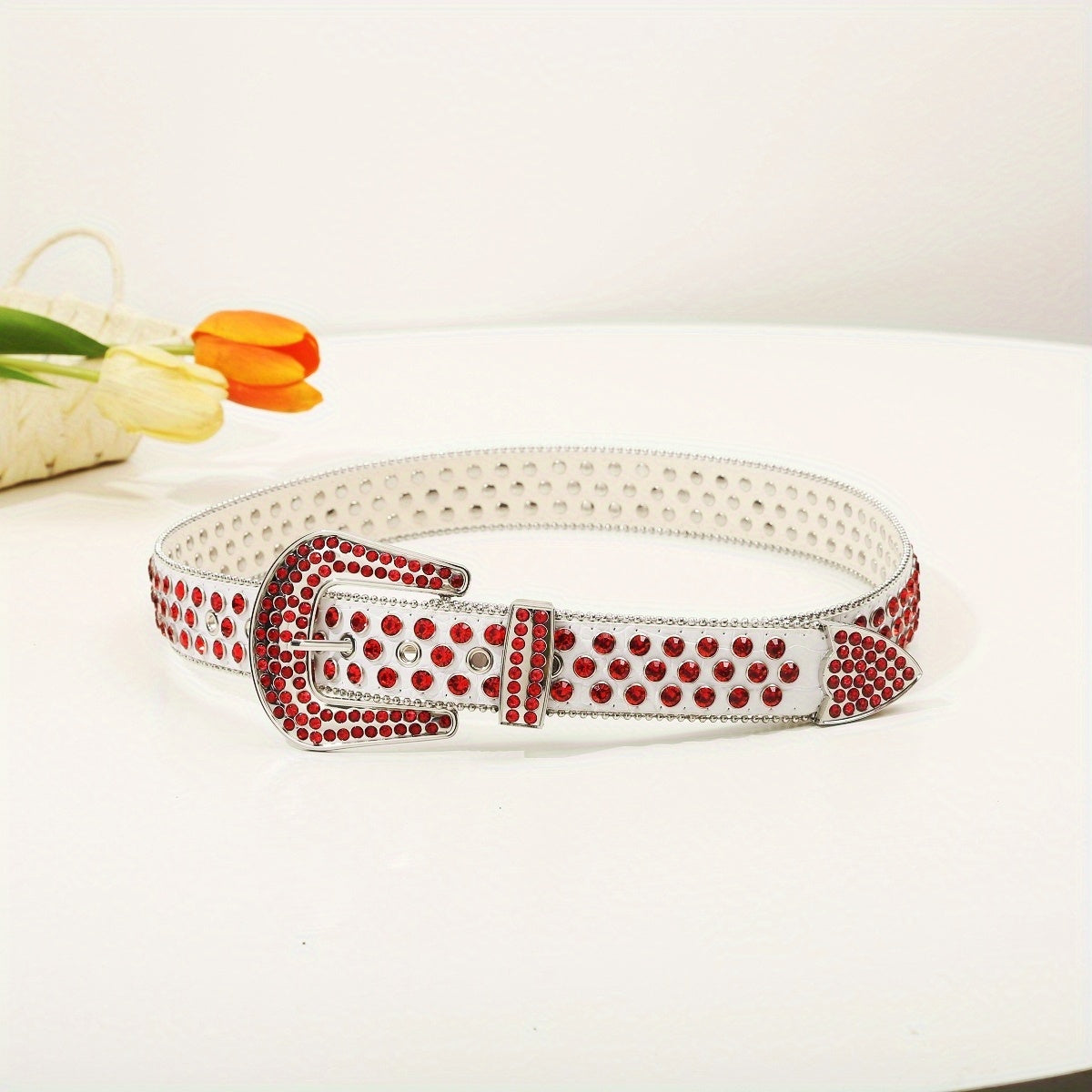 Hip Hop Rivet Rhinestone Belts Rapper Block PU Belt Punk Red