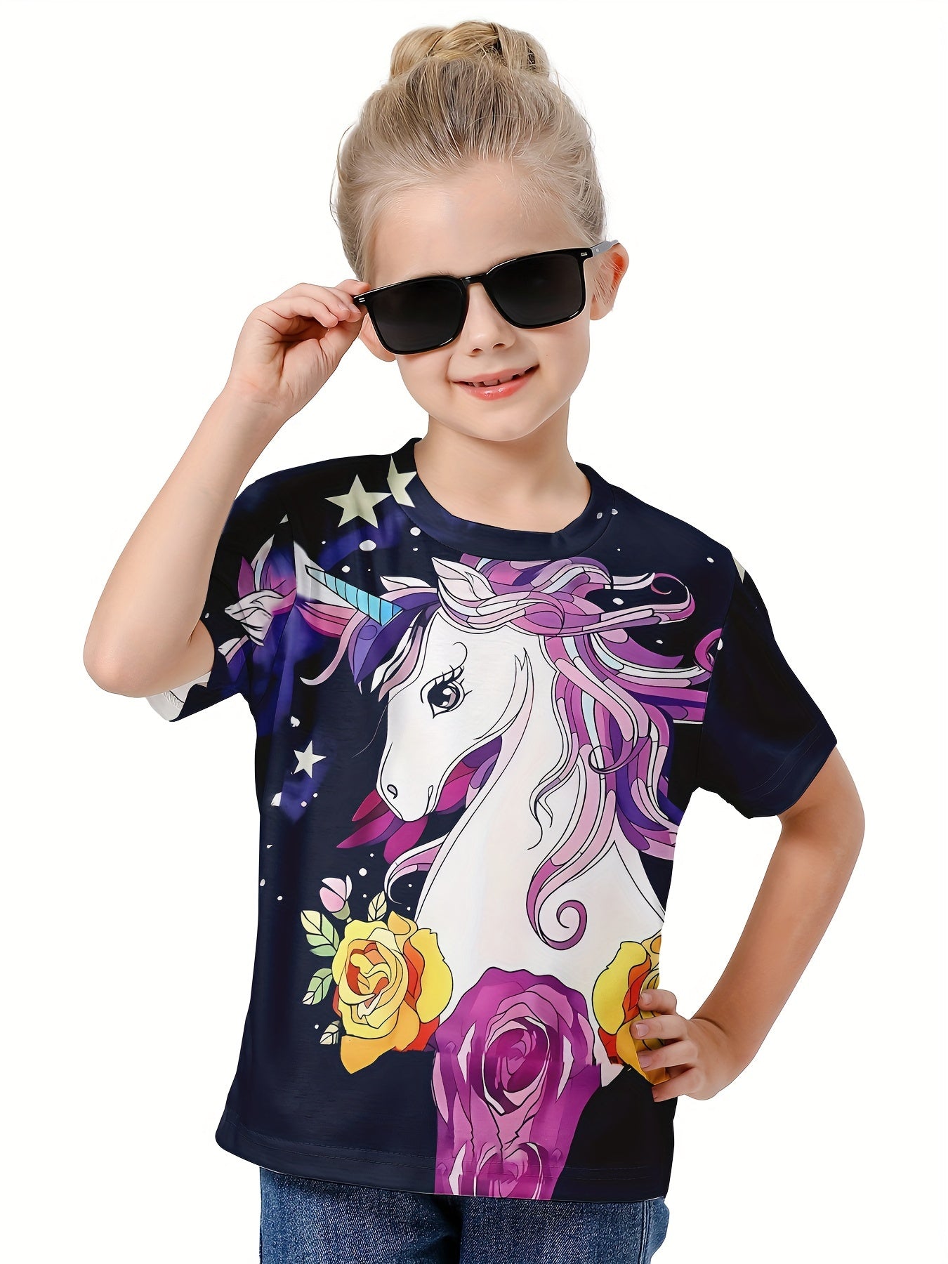 Girls 3D Unicorn Short Sleeve T-shirt - Summer Clothes Gift