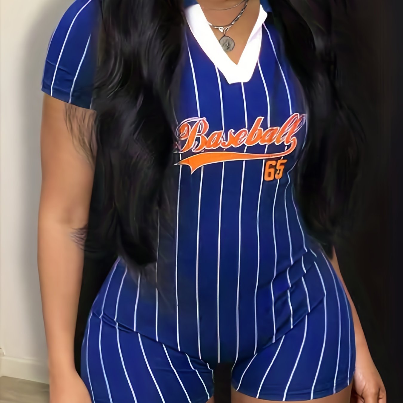  Women's Stripe & Letter Print V Neck Romper