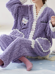 Bear Print Pajama Set Long Sleeve Top & Pants Women's Sleepwear