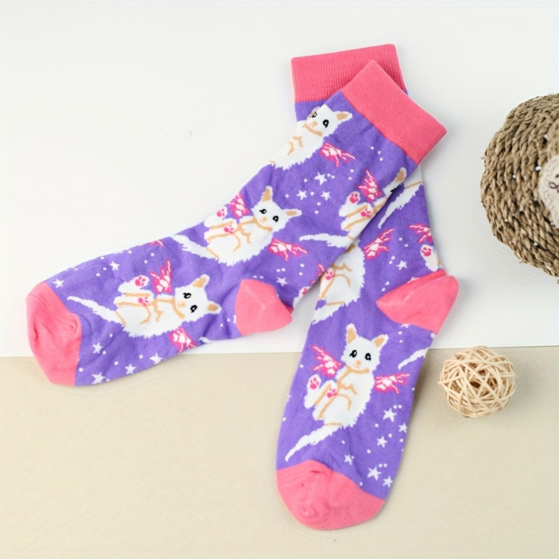 3 Pairs Cartoon Cat Print Socks Women's Stockings Mid Tube Comfy