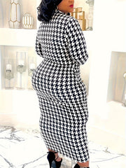  Women's Houndstooth Print Long Sleeve Maxi Dress