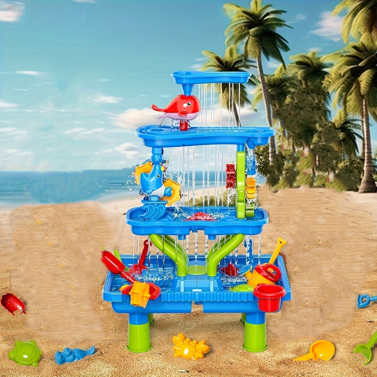 4 Layer Sand and Water Table Toy Set with Rain Shower Splash Pool