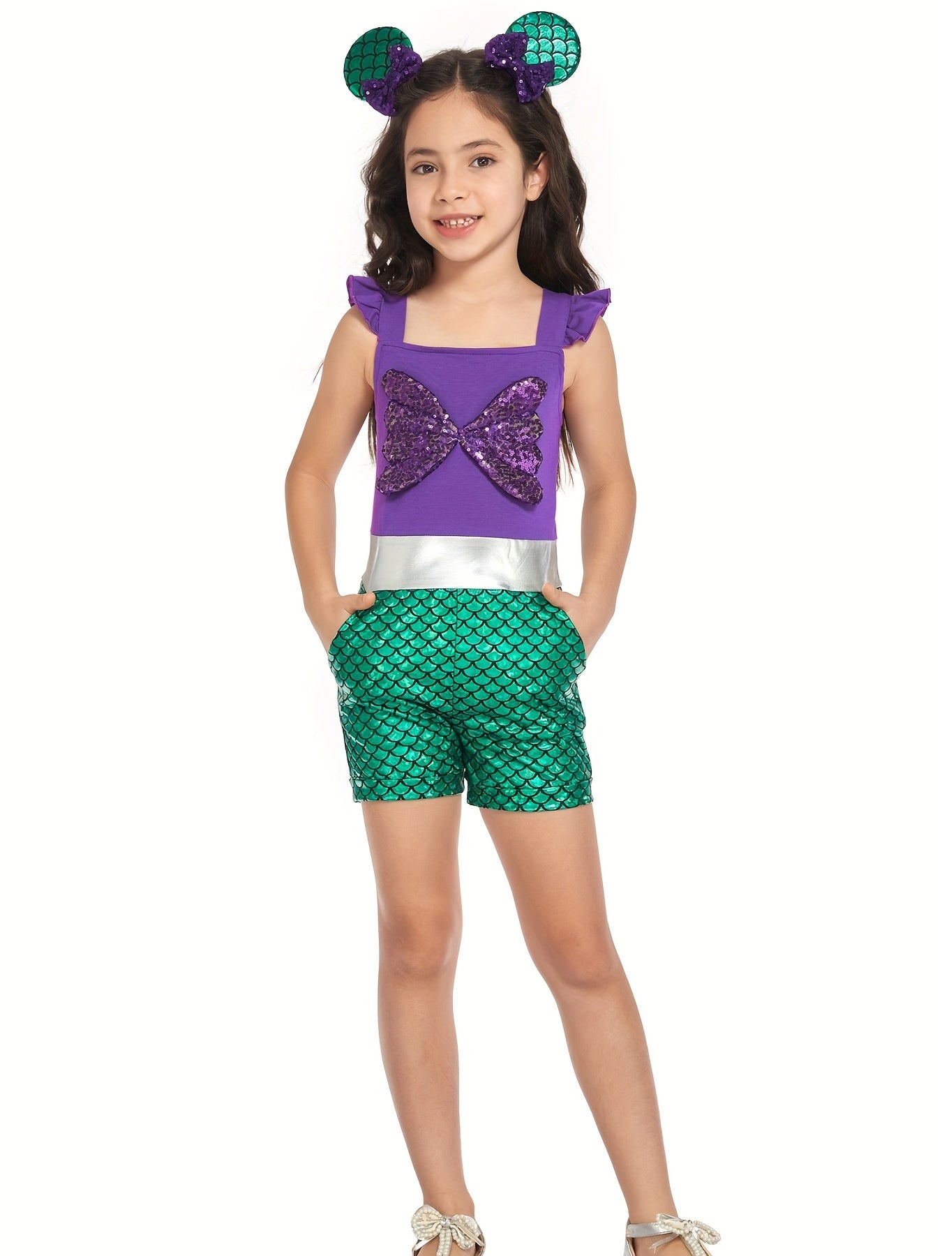 Toddler Girls Ruffle Trim Sequin Bow Block Rompers Jumpsuits Cosplay Costume