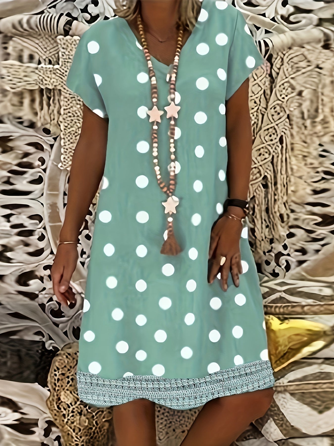  Boho Dress Women's Polka Dots V Neck Short Sleeve Dress