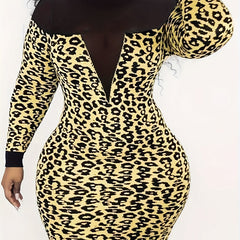  Colorblock Leopard Print Mesh Sleeve Bodycon Dress