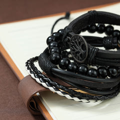 4pcs Set Men's Braided Leather Bracelets Vintage Tree Rudder Charm Brown