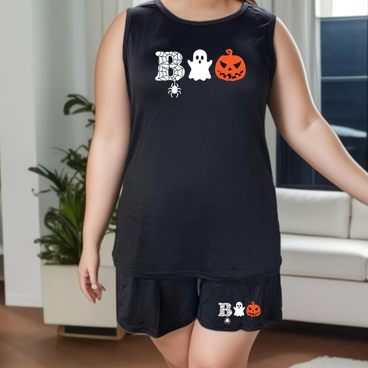  Halloween Loungewear Set Ghost & Pumpkin Print Tank Top & Shorts Pajam