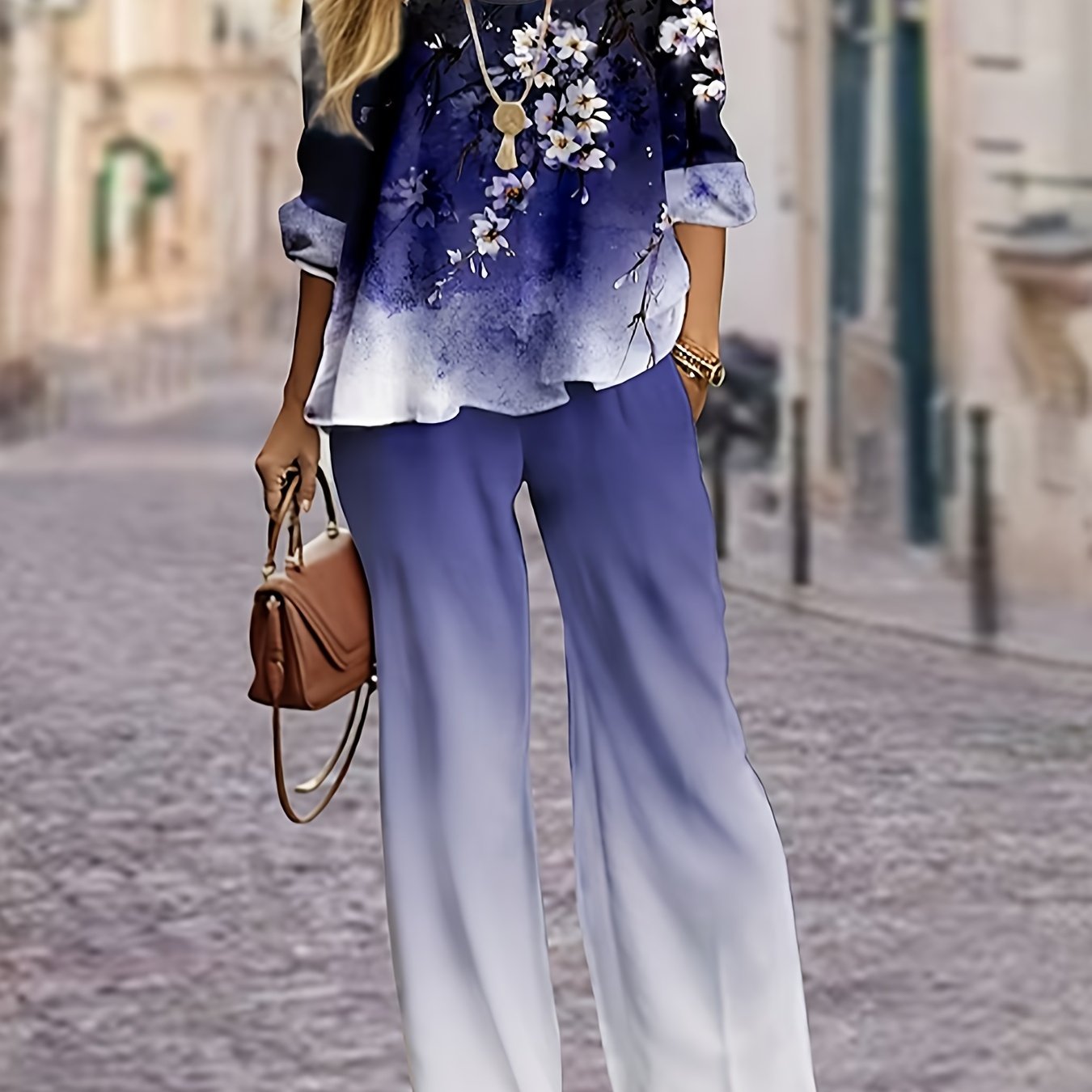  Ombre & Floral Print Long Sleeve Top & Pants Set