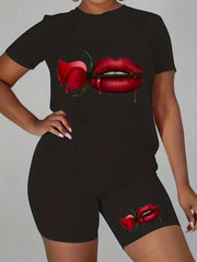Women's Plus Rose & Lip Print Short Sleeve Tee & Shorts Set