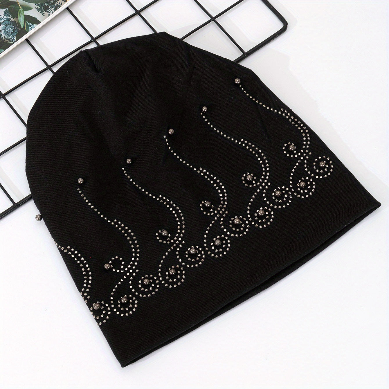 Rhinestone Decor Casual Beanie Solid Slouchy Hats For Women