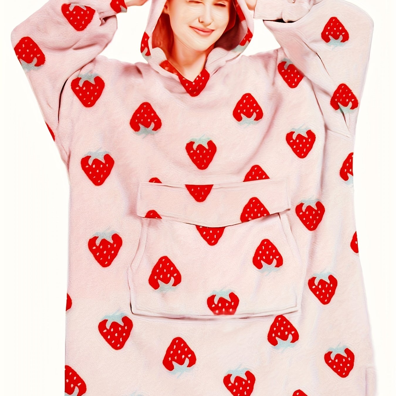 Women's Plus Strawberry Pattern Plush Hooded Sherpa Wearable Blanket