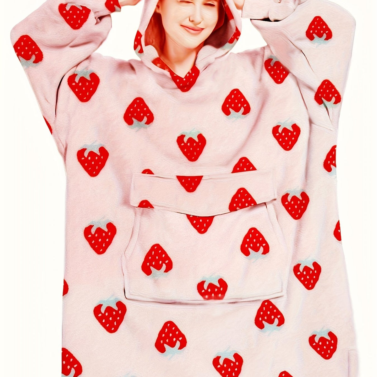 Women's Plus Strawberry Pattern Plush Hooded Sherpa Wearable Blanket