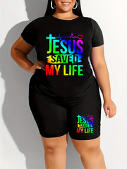  2 Piece Set Women's Letter Print Tee & Shorts Outfit
