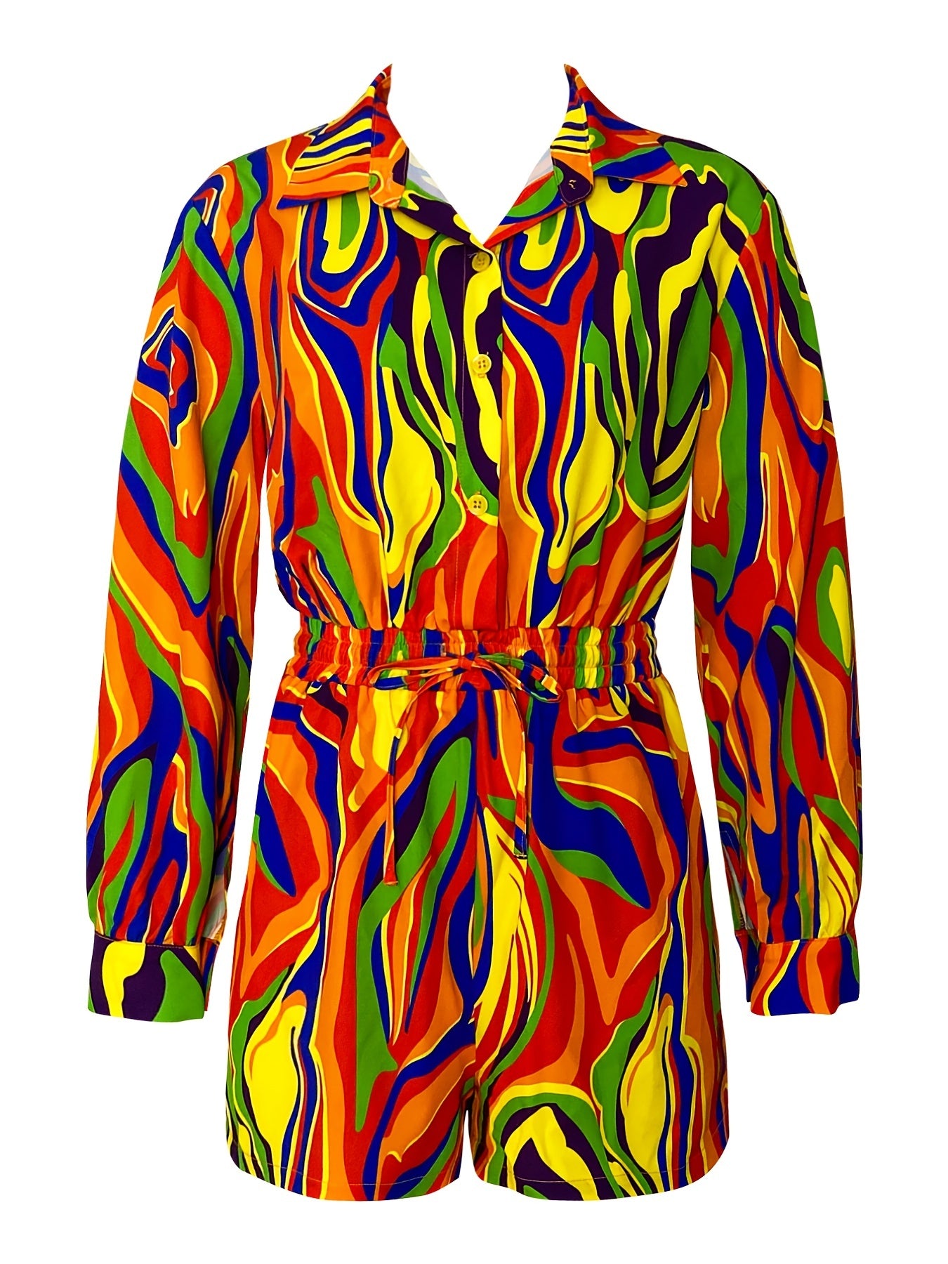 Abstract Print Romper Jumpsuit Boho Drawstring Waist Long Sleeve Romper