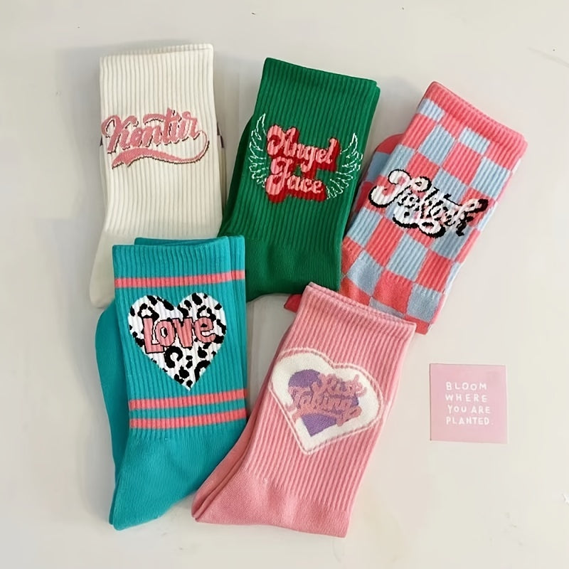 5 Pairs Heart & Letter Print Socks Women's Mid Tube Stockings Hosiery