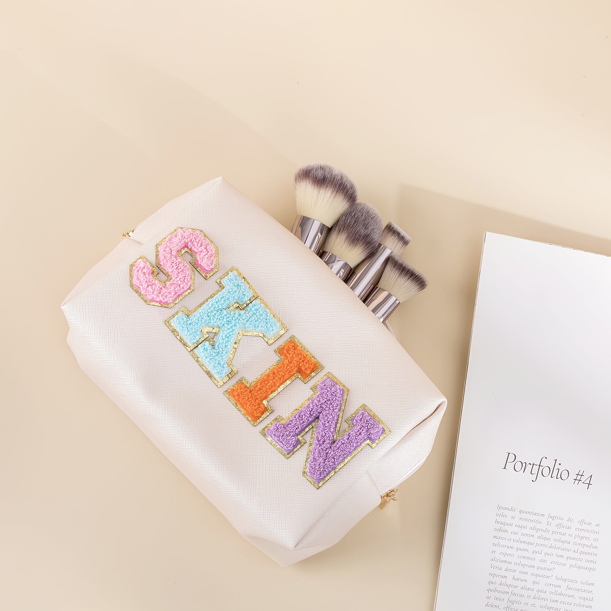 Chenille Letter Patch Comestic Bag Waterproof Portable Travel Makeup Pouch