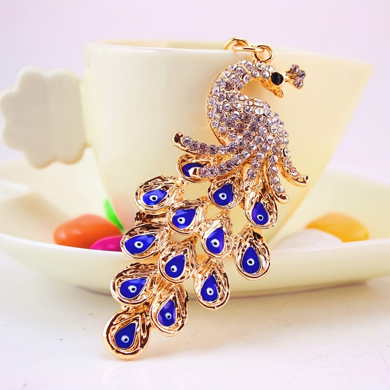 Vintage Rhinestone Peacock Keychain Pendant Animal Keyring Ornament