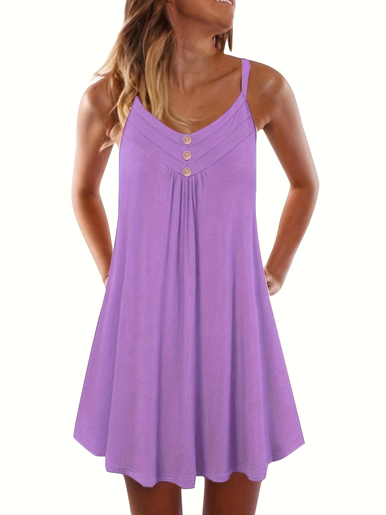  Solid Button Decor Ruched V Neck Midi Summer Dress