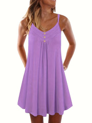  Solid Button Decor Ruched V Neck Midi Summer Dress