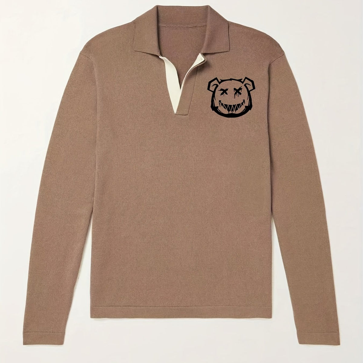 Bear Pattern Knit Polo Shirt Men's Casual Lapel Pullover Sweater