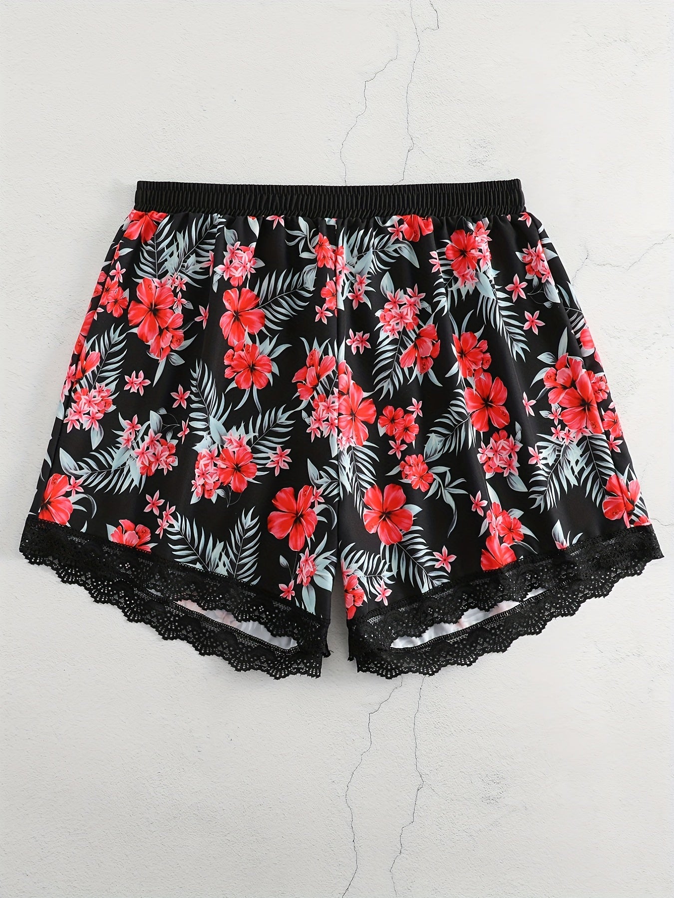  Rose Print Lace Elastic Stretch Shorts
