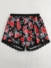  Rose Print Lace Elastic Stretch Shorts