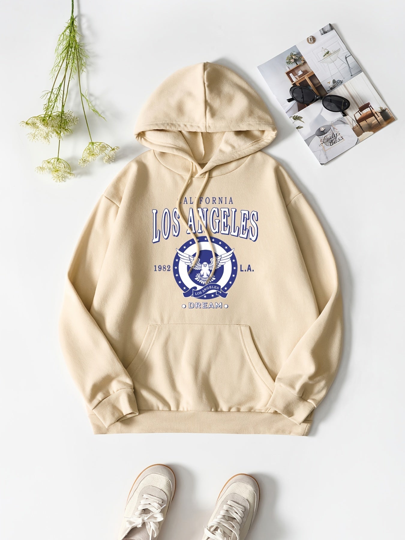 Solid Letter Print Hooded Sweatshirt Women's Clothing