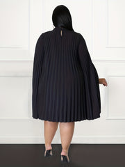  Dress Women's Plain Cloak Pleated Round Neck Dress