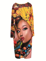  Casual Dress Women's Plus Figure Print Round Neck Dress