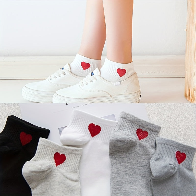 5 Pairs Heart Print Crew Socks Women's Stockings