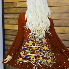  Christmas Casual Cardigan Star Tree Print Long Sleeve Open Front