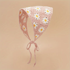 Daisy Flower Knitted Triangle Scarf Head Wrap Hollow Crochet Lace Up Turban Hat
