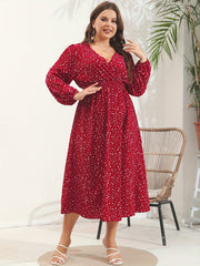  Dot Print Lantern Sleeve V Neck Midi Dress