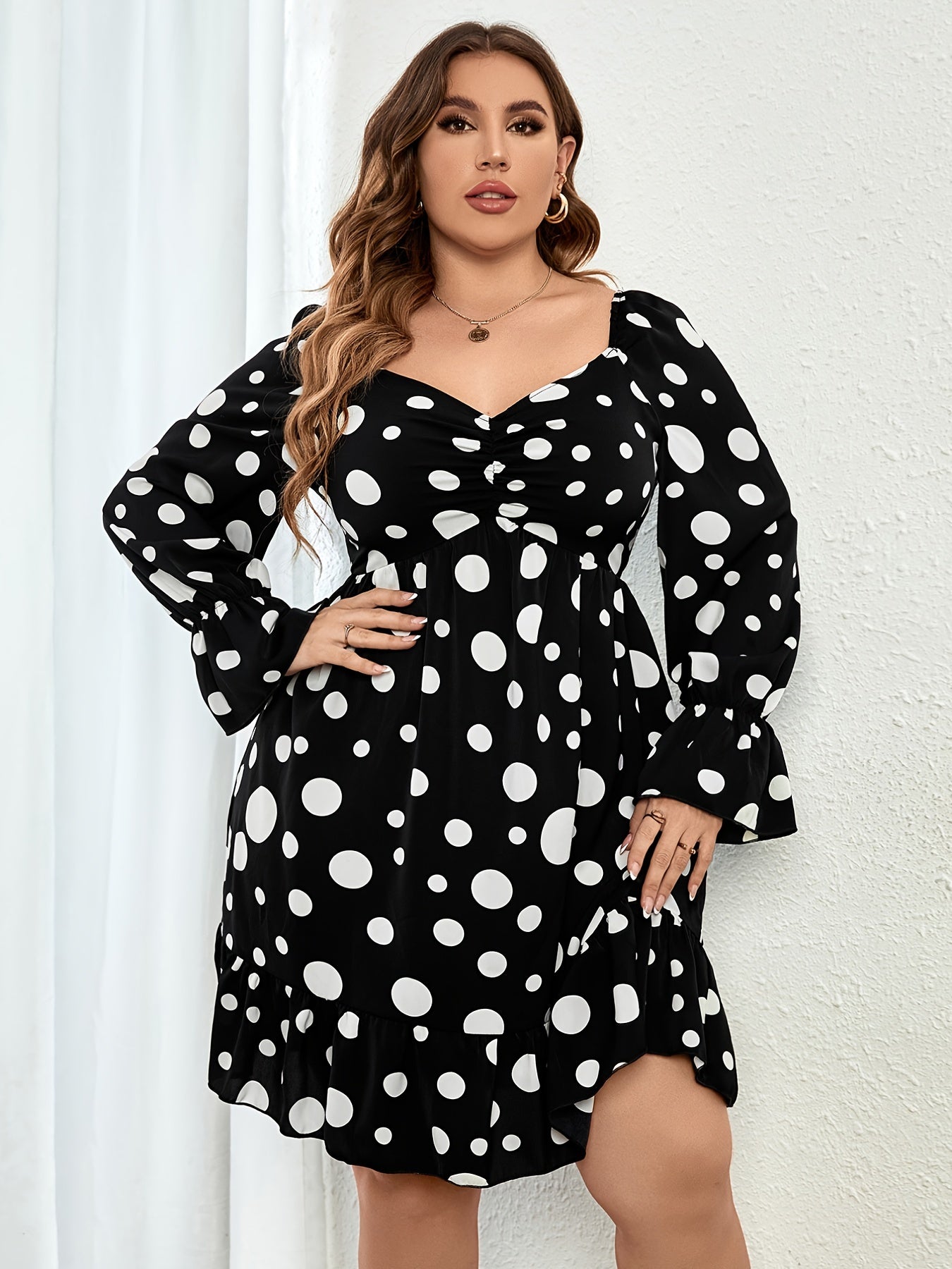 Polka Dot Print Shirred Midi Dress