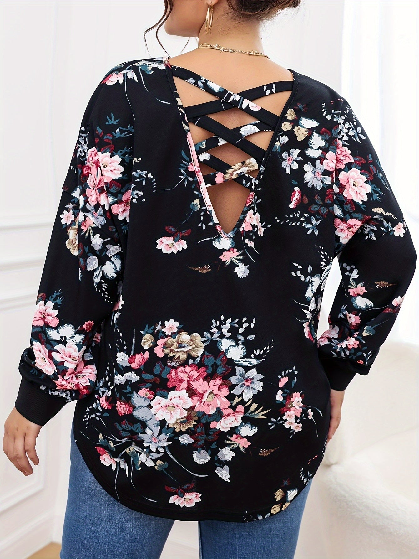 Women's Plus Size Floral Print Long Sleeve V Neck Tunic Top