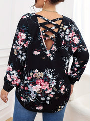Women's Plus Size Floral Print Long Sleeve V Neck Tunic Top