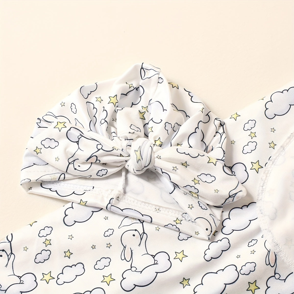 3 Piece Newborn Blanket Kit Rabbit Print Wrap Anti Startle Swaddle Headband
